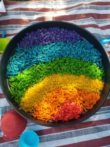 tray with coloured pasta