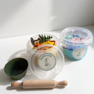 playdough and toys in a jar, rolling pin, muffin mold, blue slime in a jar